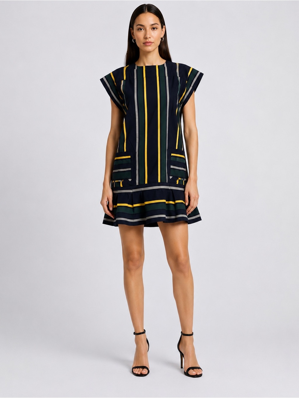Sacai Structured Stripe Mini Shift Dress Size 2 Made Japan Designer Rare